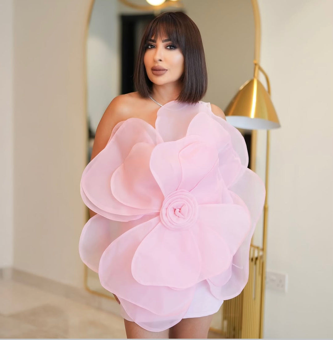 One-shoulder organza mini dress with oversized 3D flower – Barwu