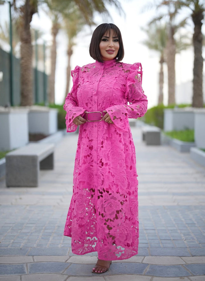 long-sleeve lace midi dress with ruffled shoulders – IVORIE