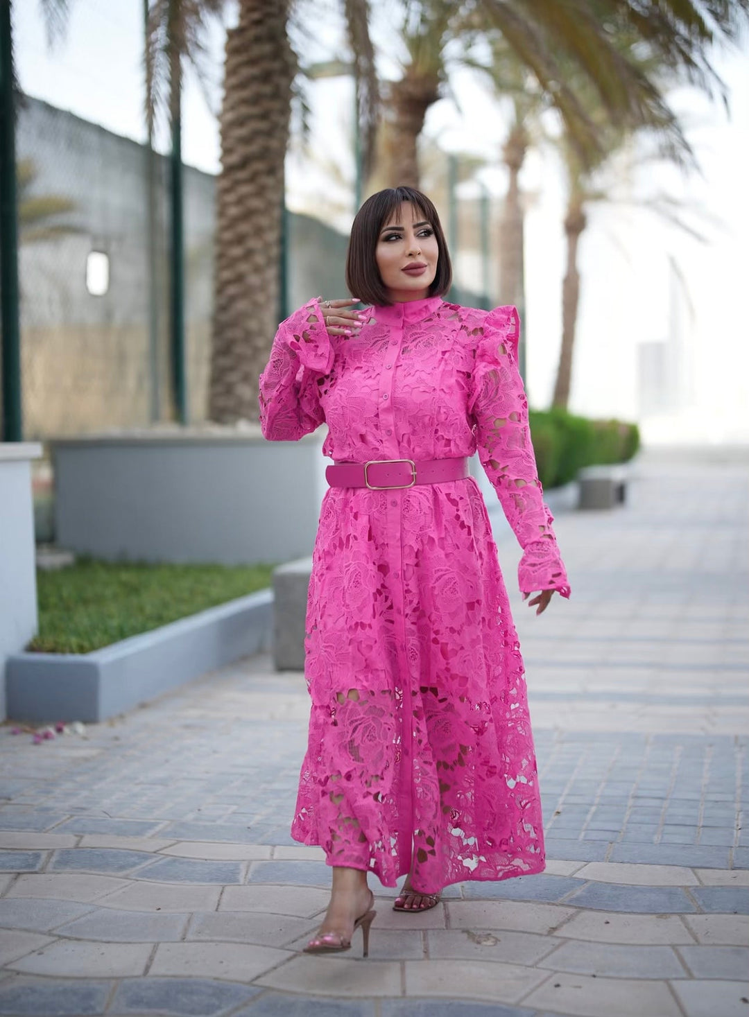 long-sleeve lace midi dress with ruffled shoulders – IVORIE