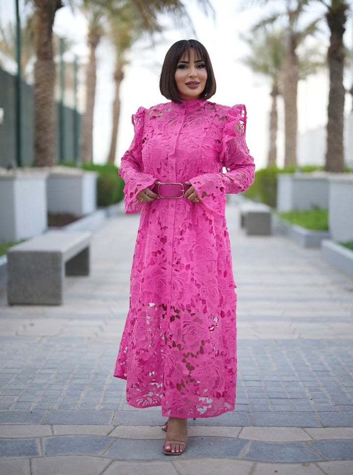 long-sleeve lace midi dress with ruffled shoulders – IVORIE