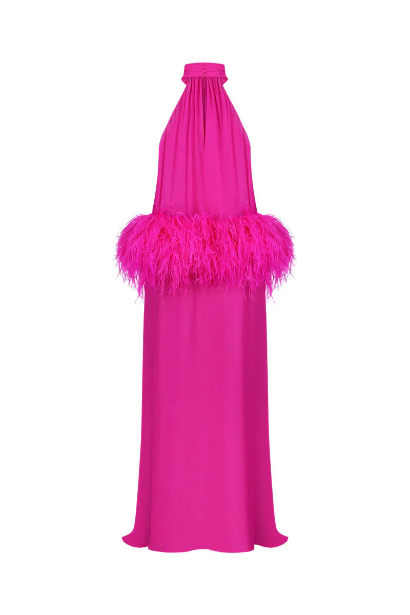 halter chiffon gown with feather trim – FIORELLA
