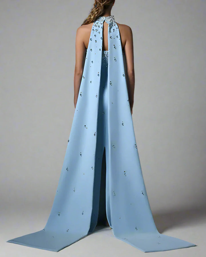 Light blue crepe dress with full embroidered - ODD- Carolina