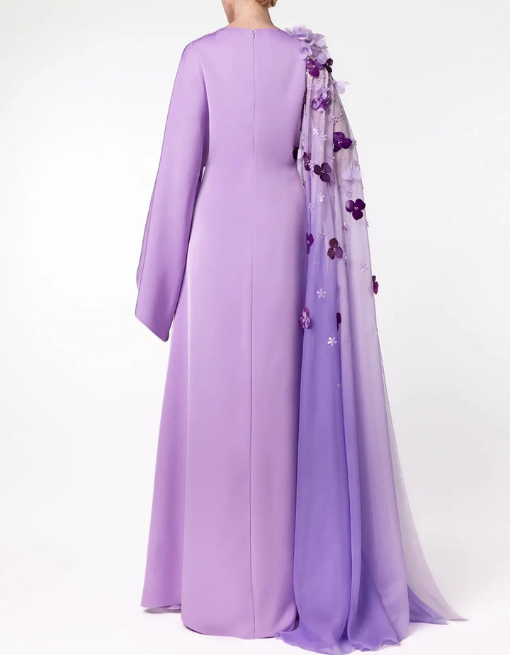 Long Sleeve Dress with Floral Appliqué Draped Cape - LILI