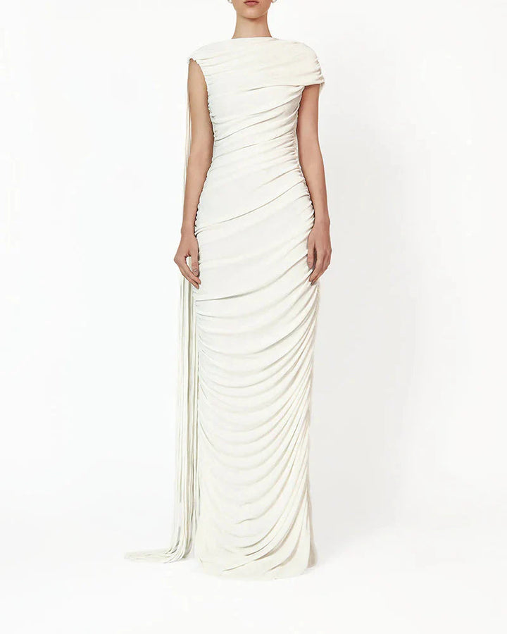 ruched asymmetric gown with draped detailing – KALICIA