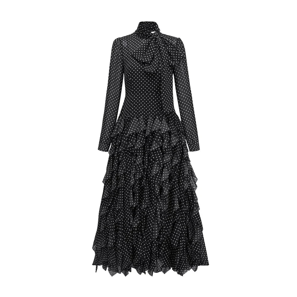 polka-dot chiffon maxi dress with tie-neck and tiered ruffles – ISOLDE