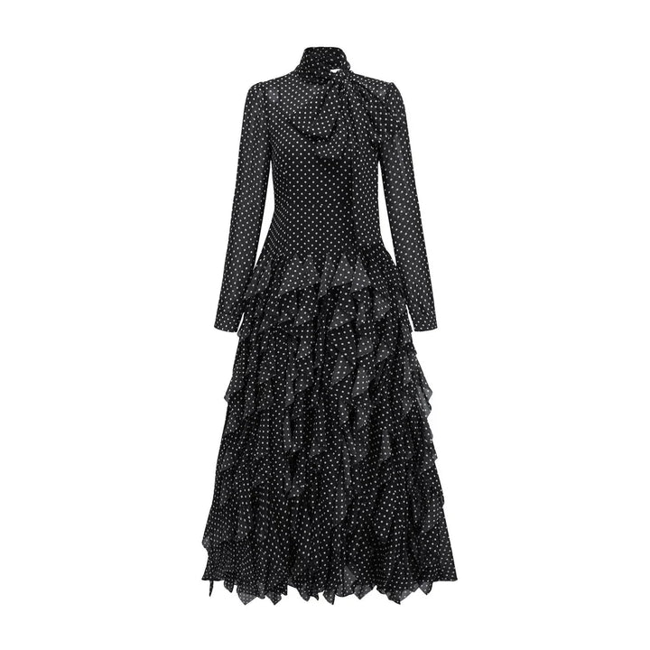polka-dot chiffon maxi dress with tie-neck and tiered ruffles – ISOLDE