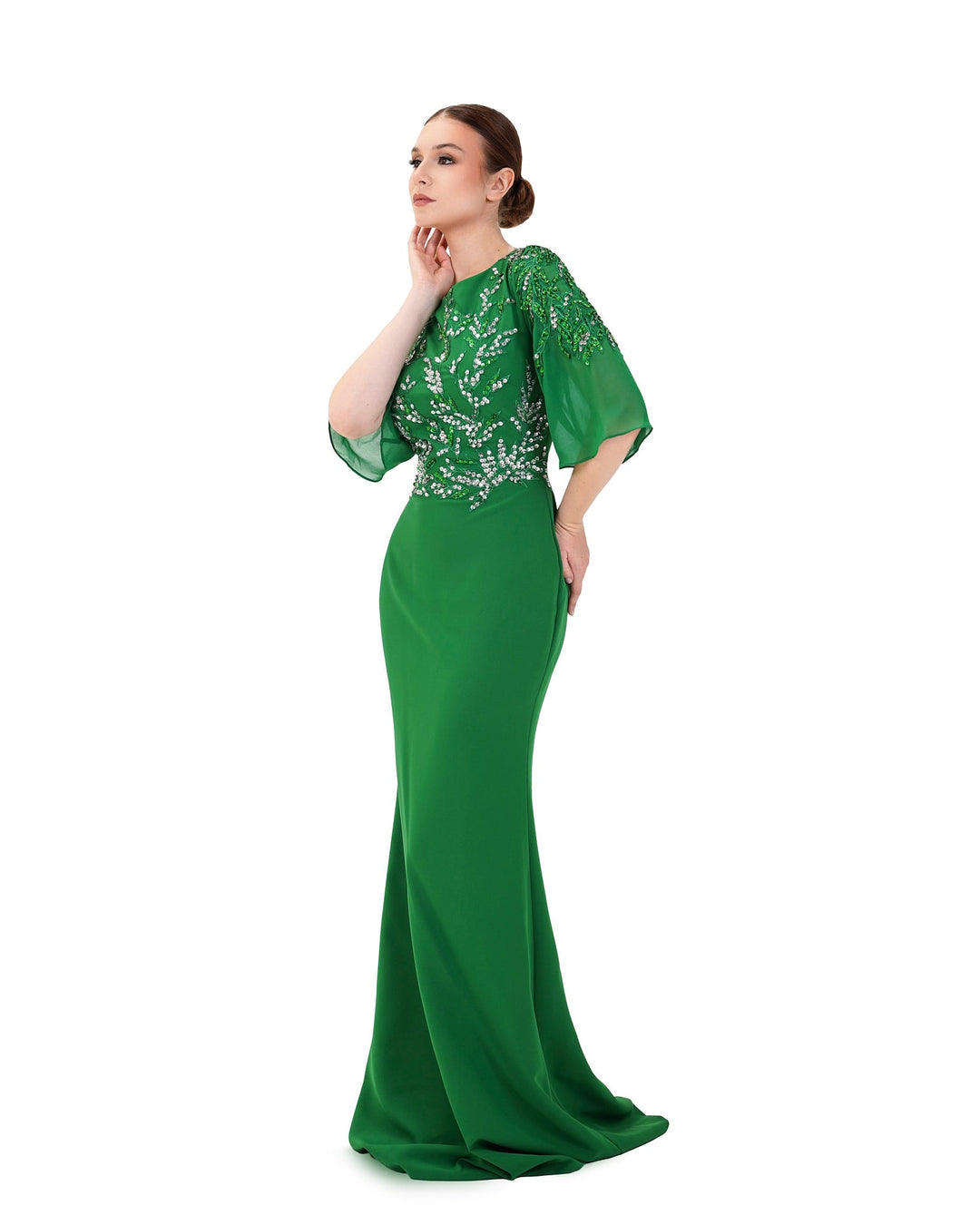 ODD-Sequined column dress with see-through/bell sleeves