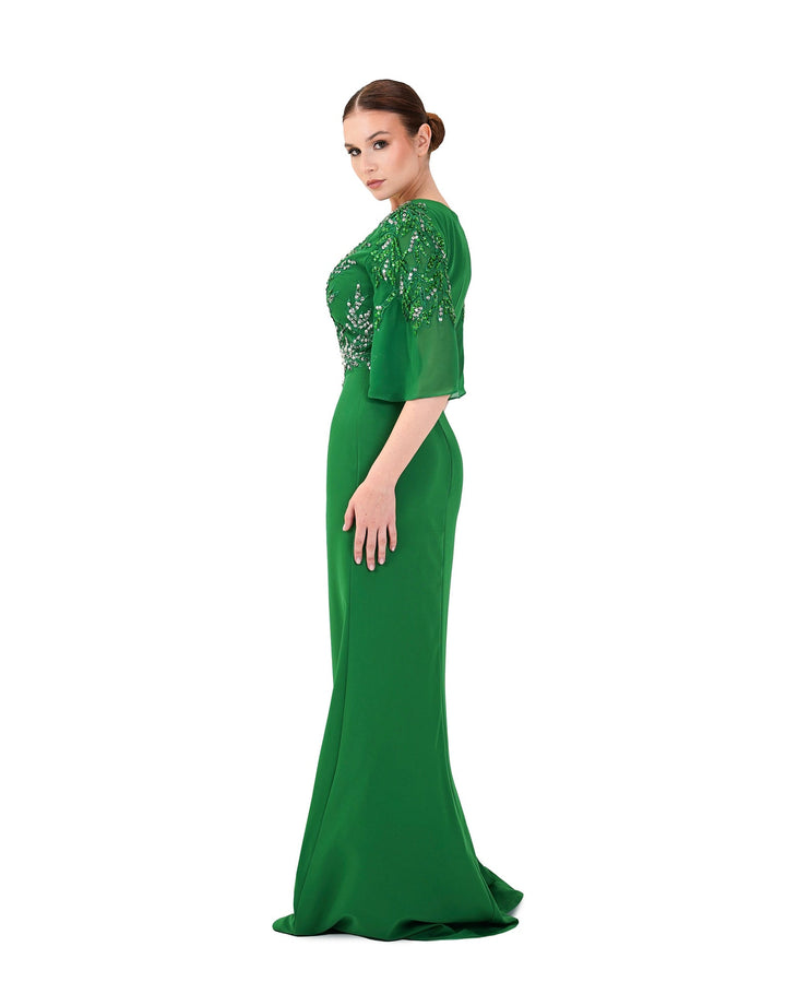ODD-Sequined column dress with see-through/bell sleeves