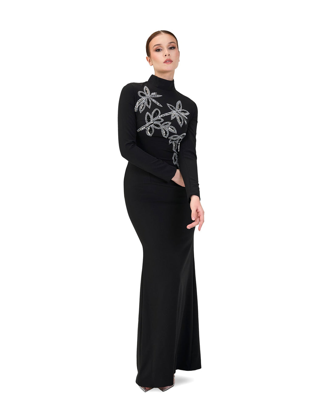 ODD-Long sleeve column dress with beaded flowers