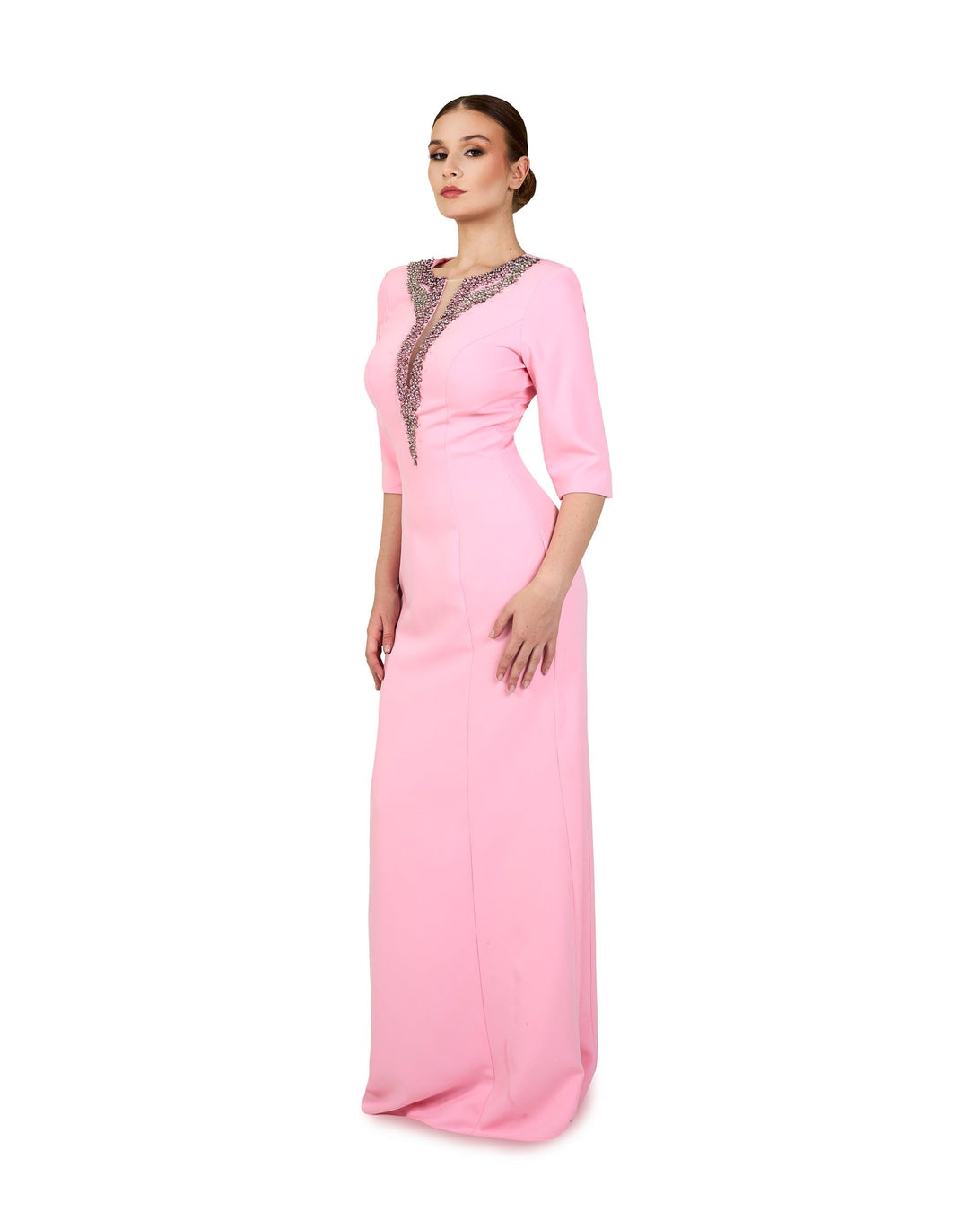 ODD-Sequinned neckline - long floor length pink dress