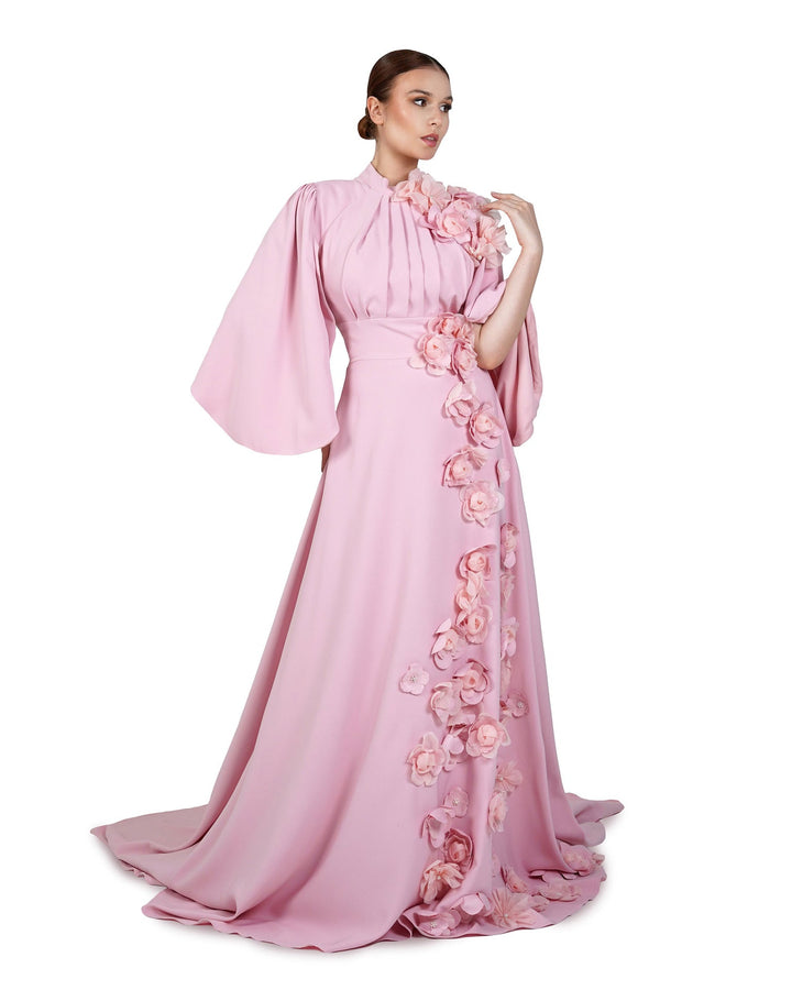 3D flowered maxi dress with cape sleeves-Trisha