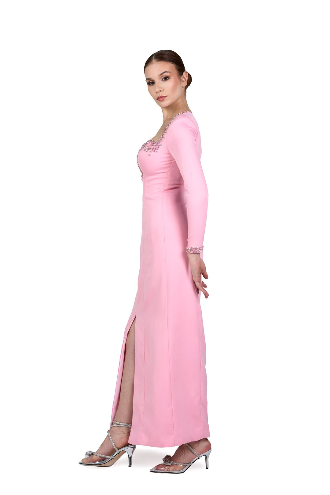 Beaded hearth neckline dress with front slit ODD-Lordin