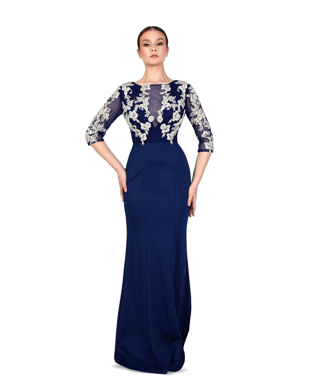 ODD-Blue Floor-Length Dress with see-through sequined top-Juwan