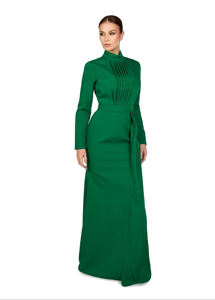 Pleated chest with long sleeves green dress-Govan