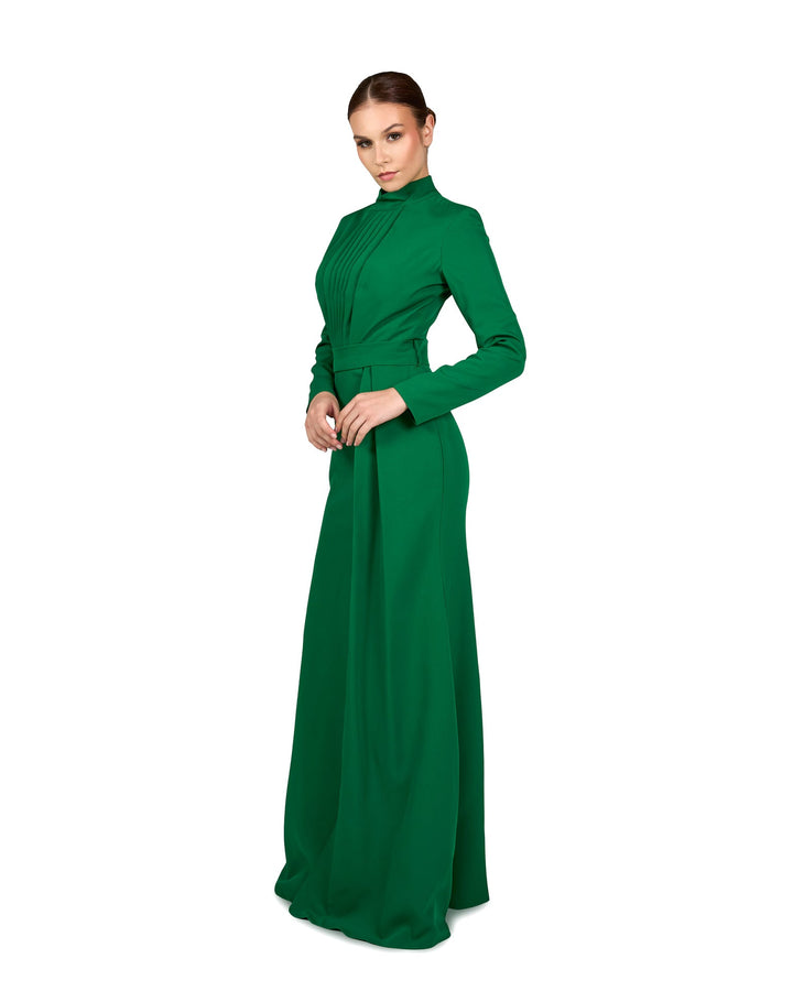 Pleated chest with long sleeves green dress-Govan