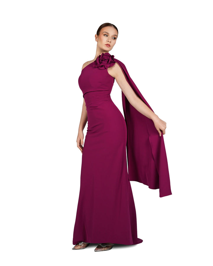 ODD-Shoulder off draped dress with 3D flower