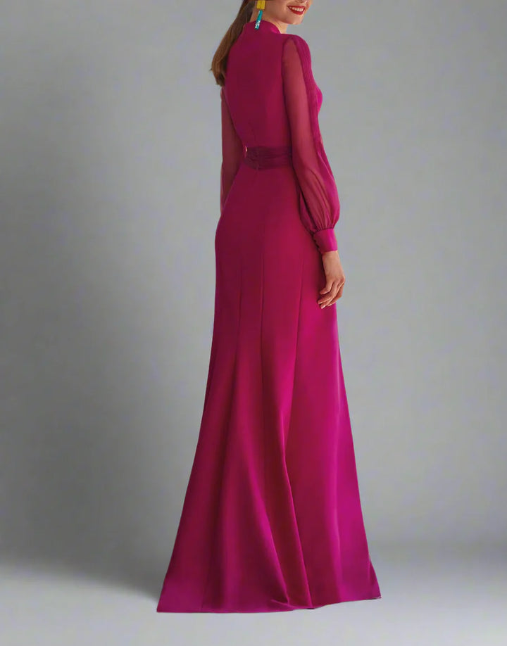 Plunge-neck gown with sheer sleeves and draped waist – Chayala-1