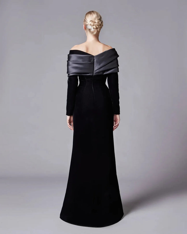 Off-shoulder velvet gown with satin drape – RobiL-1