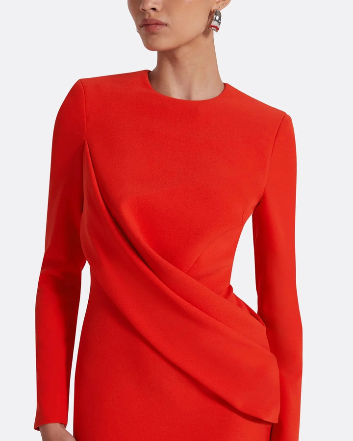 long-sleeve column gown with asymmetrical drape – FIERY-1