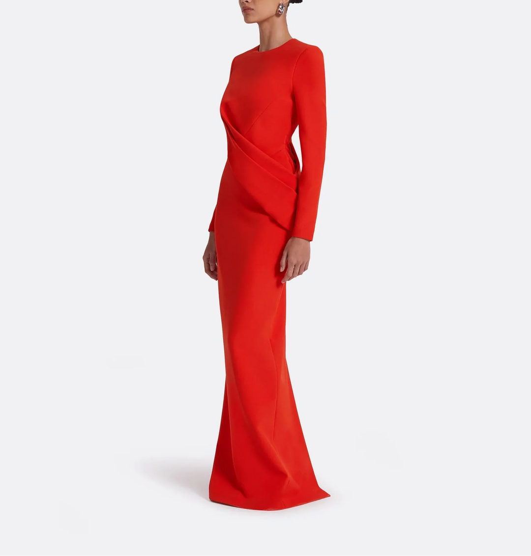 long-sleeve column gown with asymmetrical drape – FIERY-1