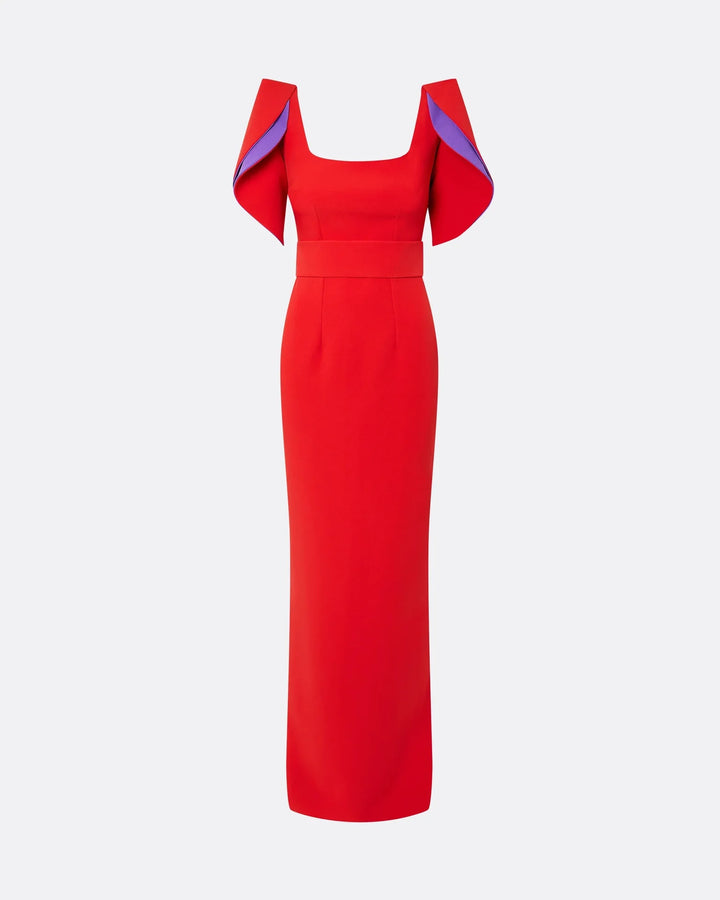 structured column gown with layered sculpted sleeves – FLAME-1