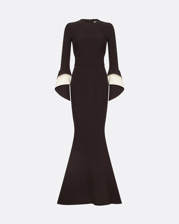 long-sleeve fishtail gown with contrast cuff flares – NOLED