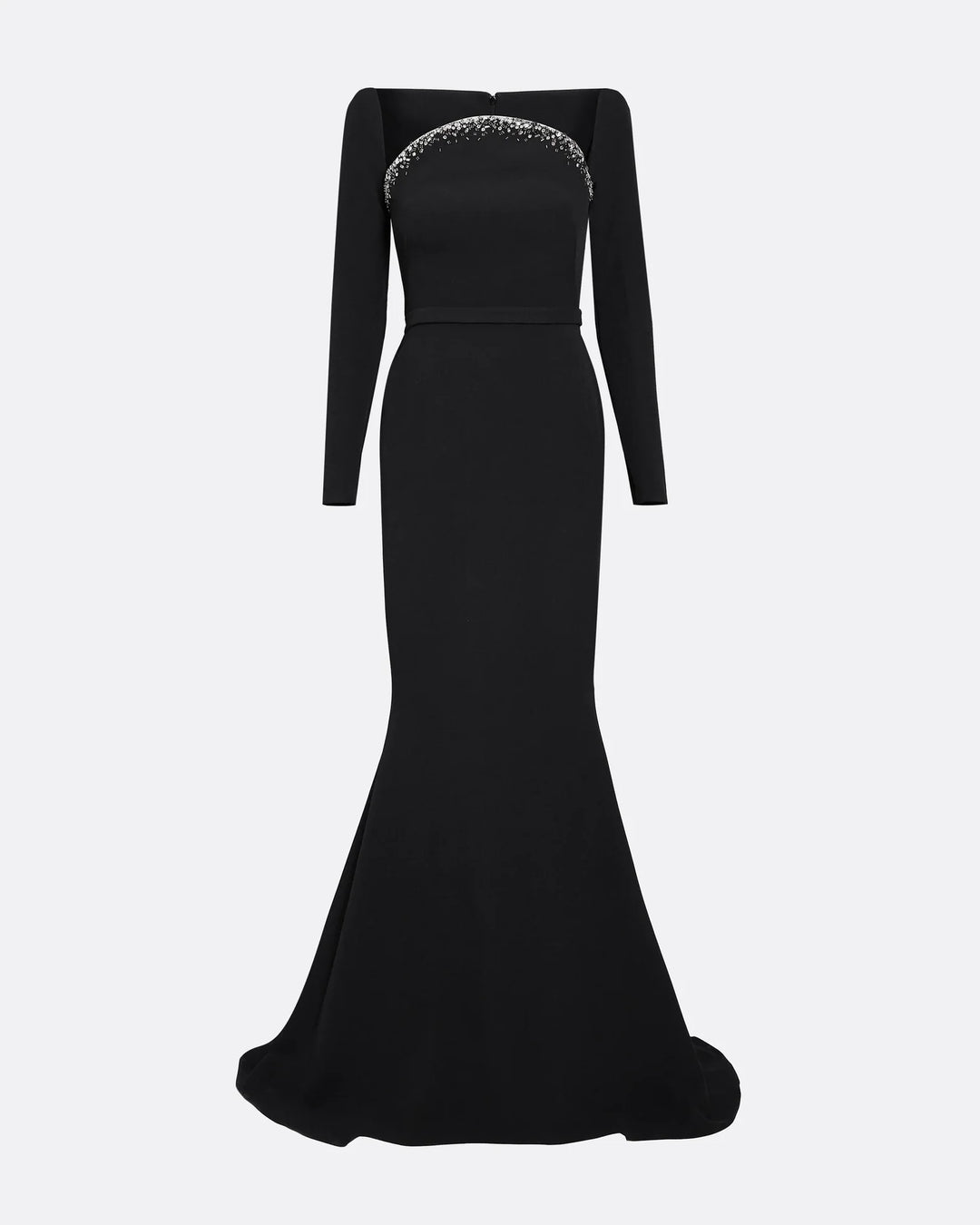 long-sleeve column gown with crystal-trimmed neckline – STELLA-1