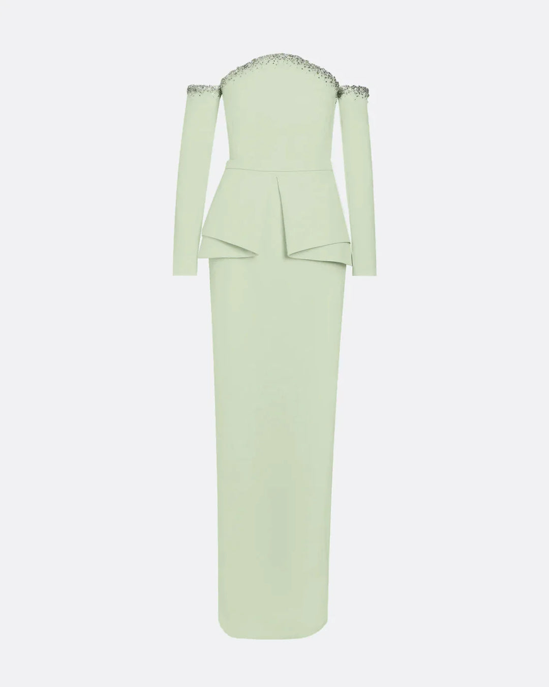 off-shoulder gown with embellished neckline and layered peplum – MINTELLE-1