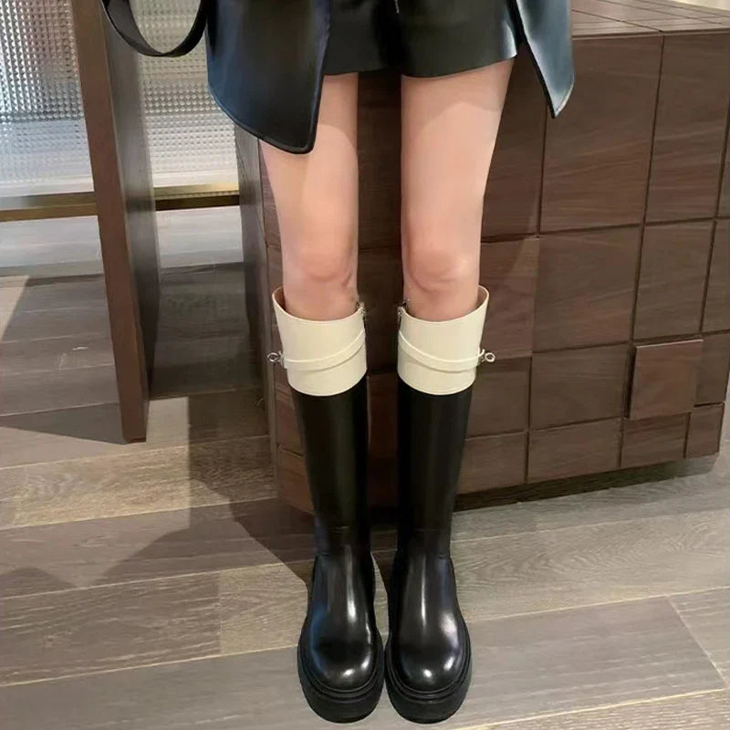 Two-tone knee-high leather boots with side buckle - ALORAZO