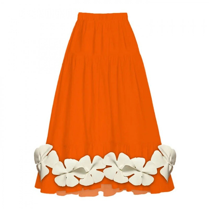 floral appliqué one-shoulder swimsuit with midi skirt set – ORANGE