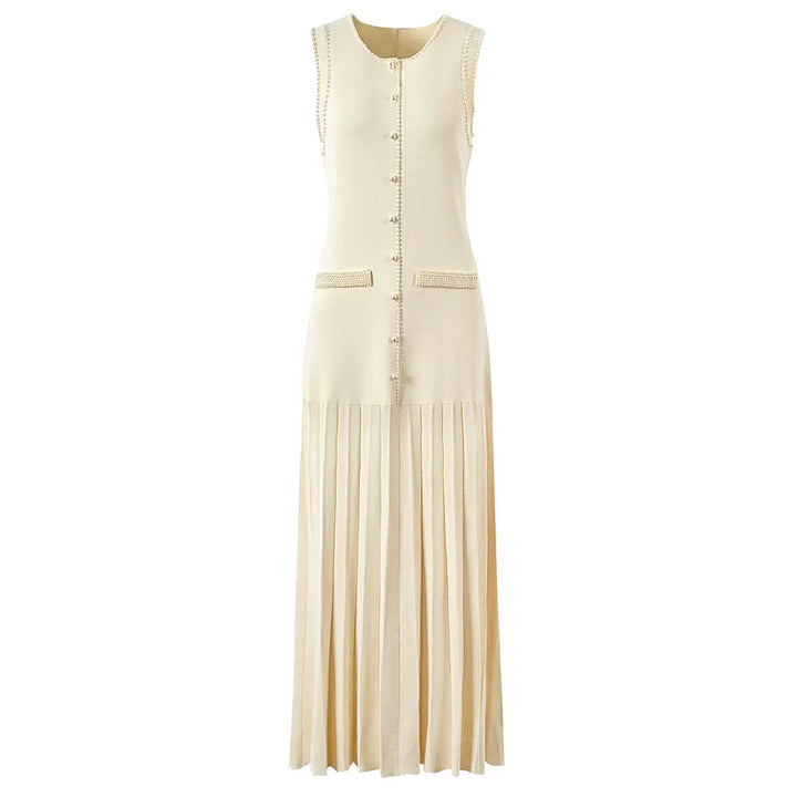 sleeveless pleated knit dress with pearl buttons – CELINEXI