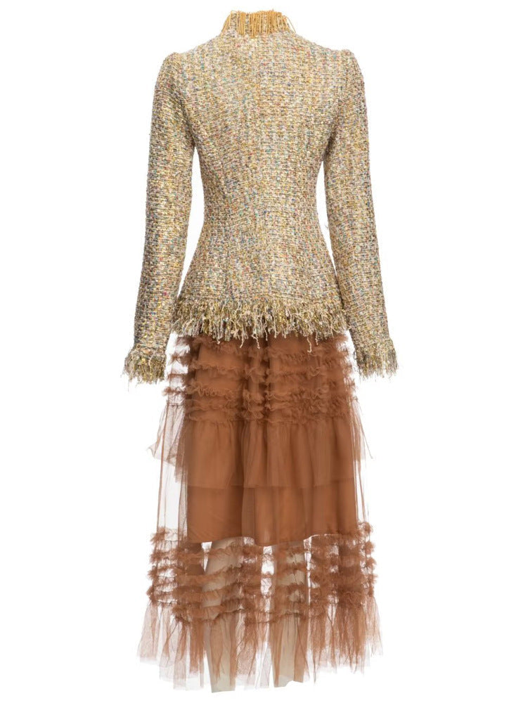 textured tweed suit with tulle midi skirt - AMIQTA