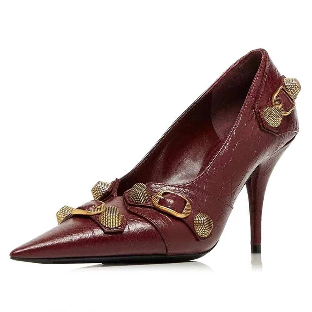 Studded Buckle Pointed Toe Stiletto Heels – BORDEAUX
