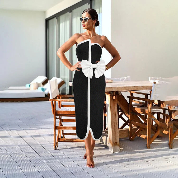 strapless bow-detail one-piece with contrast midi skirt – CHIC