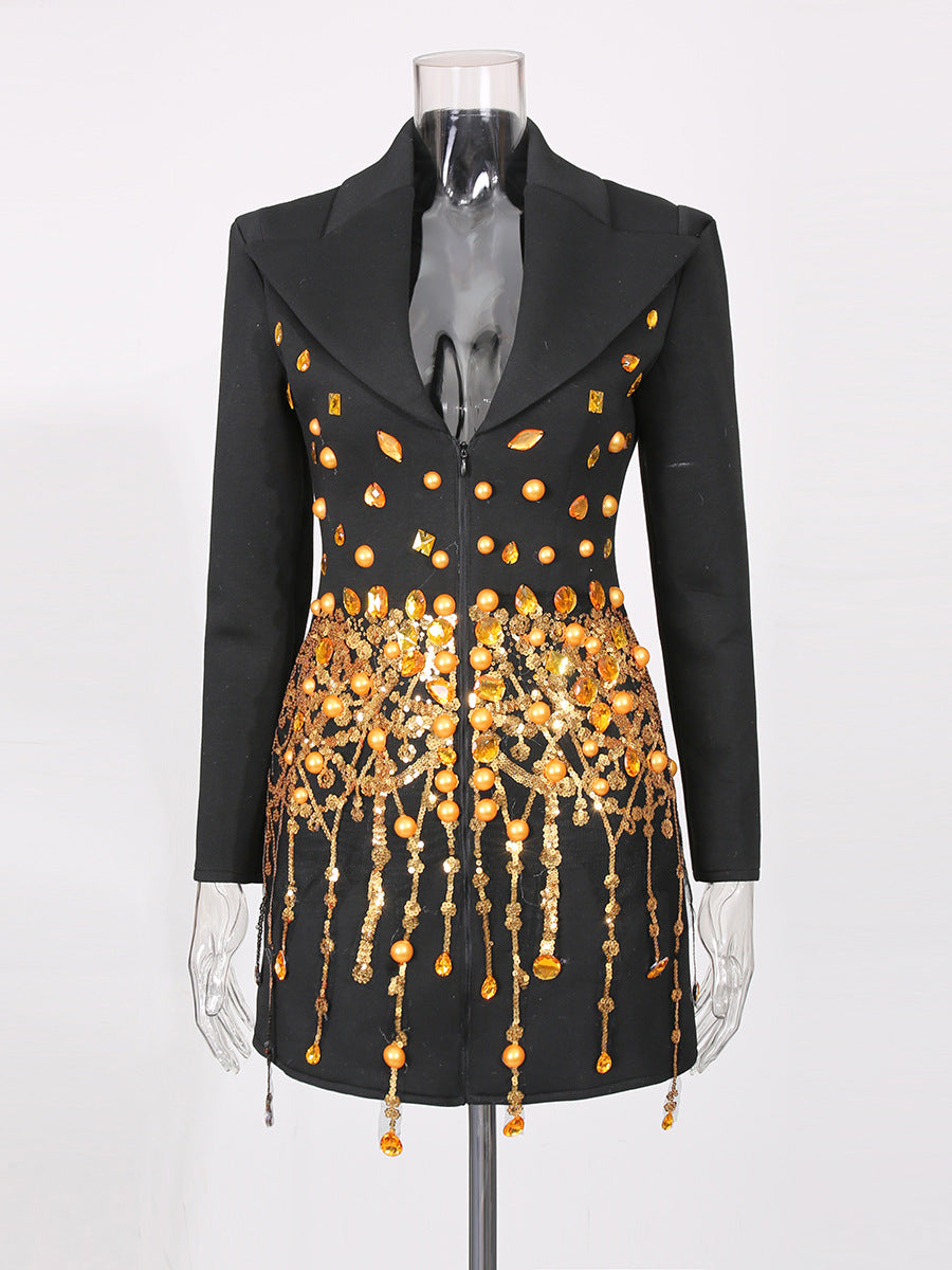 embellished blazer mini dress with crystal drape – SYFAN
