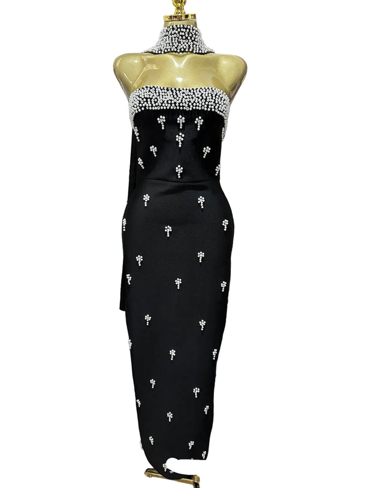 strapless fitted midi dress with pearl embellishments and choker detail – PEARL
