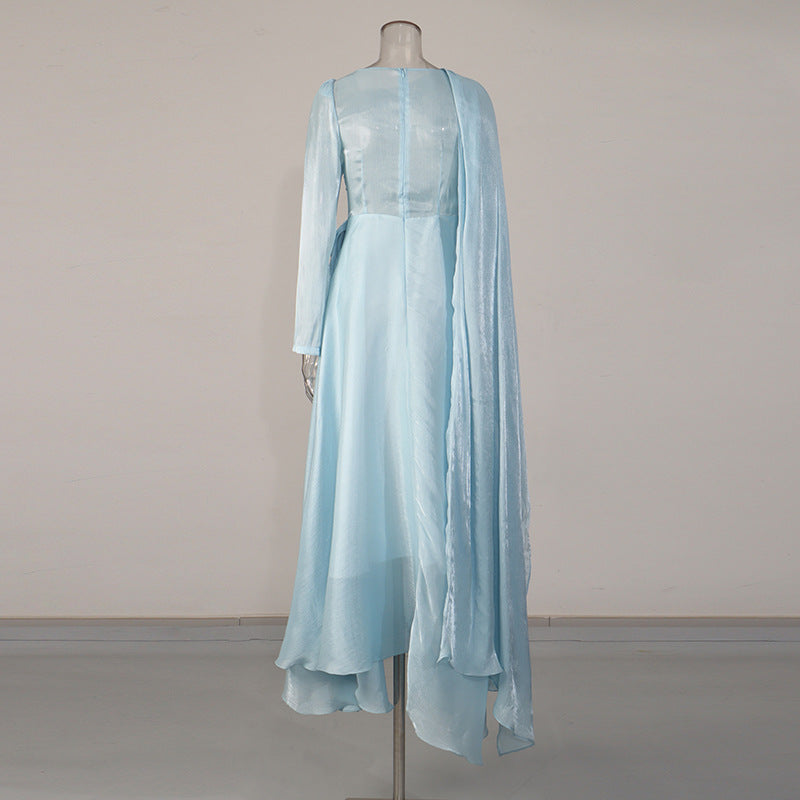 one-shoulder draped chiffon maxi dress with flowing cape detail – BAHGAT