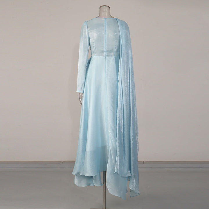 one-shoulder draped chiffon maxi dress with flowing cape detail – BAHGAT