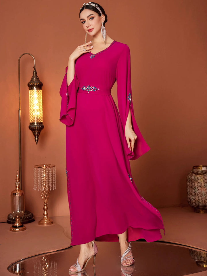 flared-sleeve gown with jeweled waist detail - AMIRZA