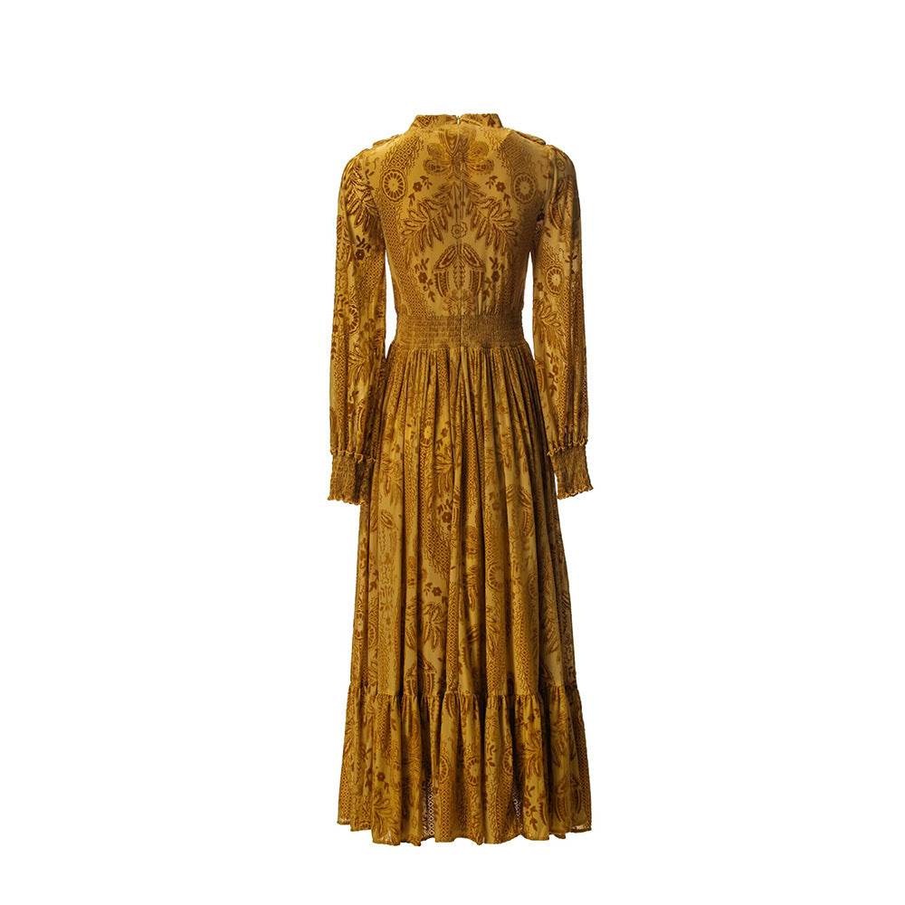 Ruffled High-Neck Printed Maxi Dress with Smocked Waist – AMBERLY