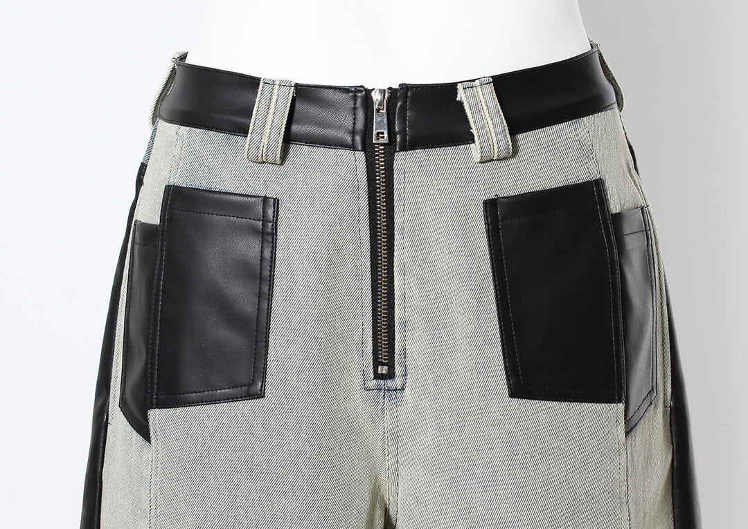 two-tone wide-leg denim pants with faux leather panels – NOIR