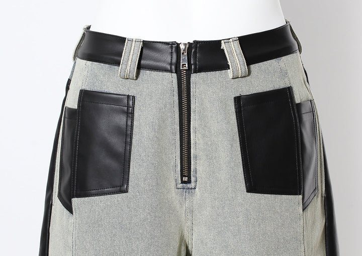 two-tone wide-leg denim pants with faux leather panels – NOIR