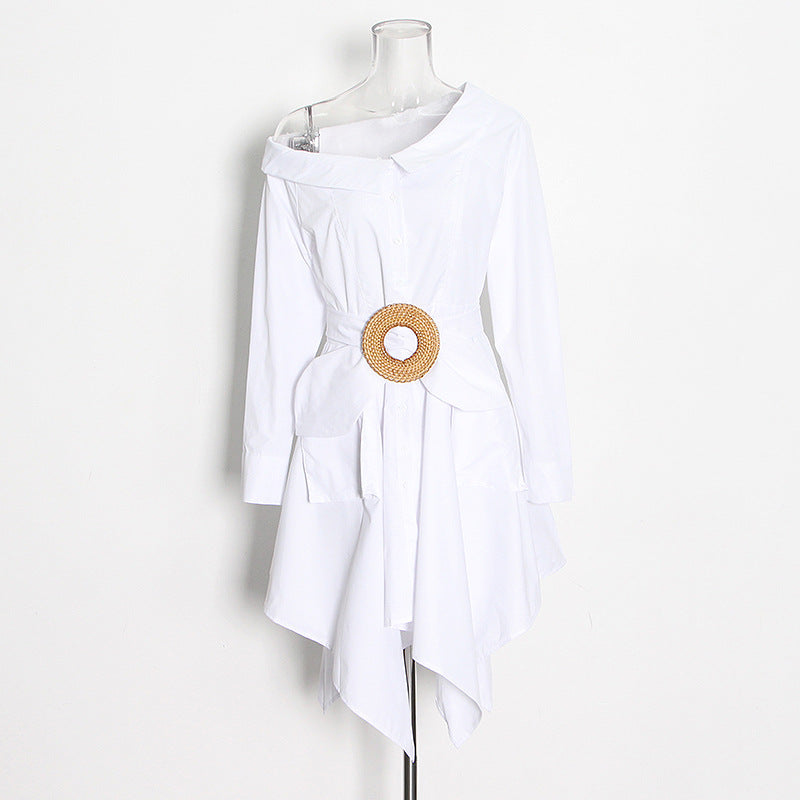 one-shoulder shirt dress with statement belt – ICON
