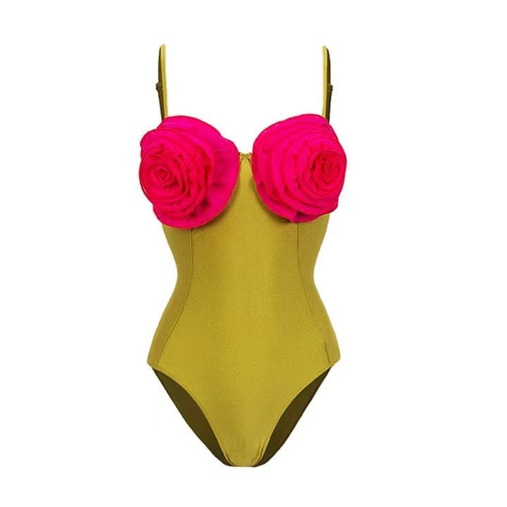 rose appliqué one-piece with mini wrap skirt – LIME