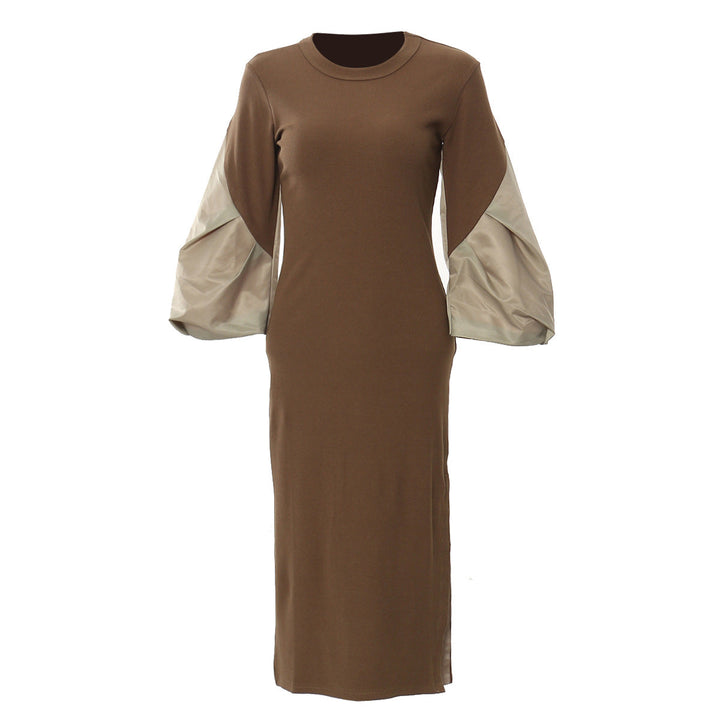 Long-sleeve bodycon midi dress with contrast puff sleeves – MOCHAIR