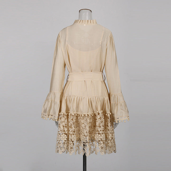 lace hem belted mini dress with ruffle neckline – SANDRÉ