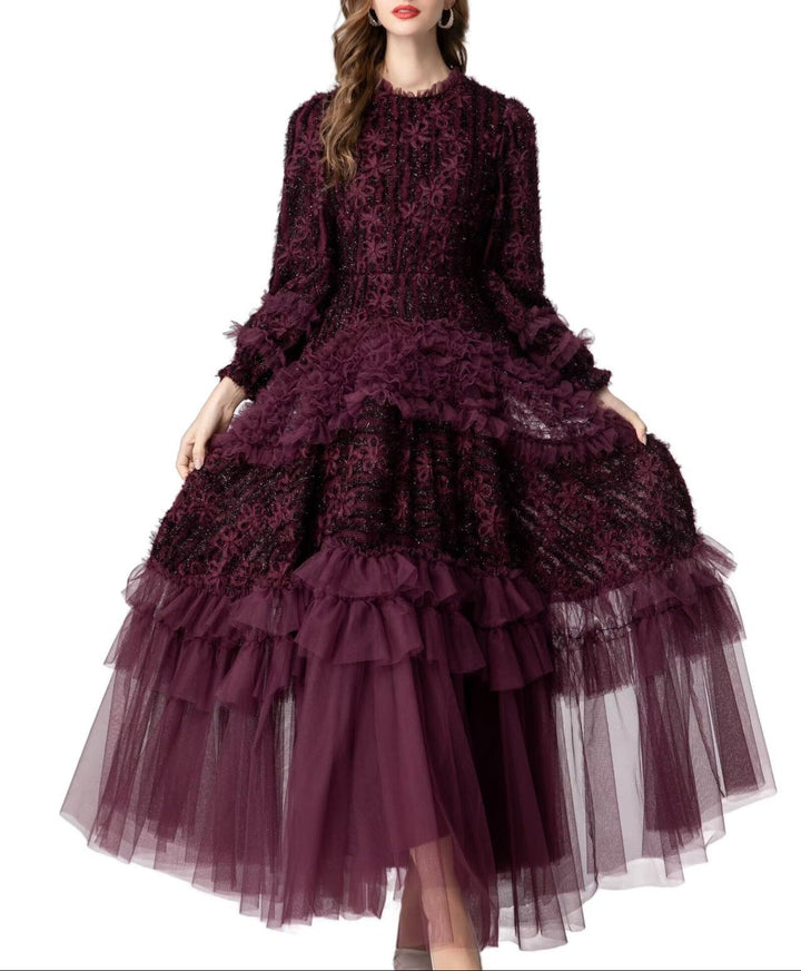 tiered tulle gown with floral lace and ruffle details – AMARANTH