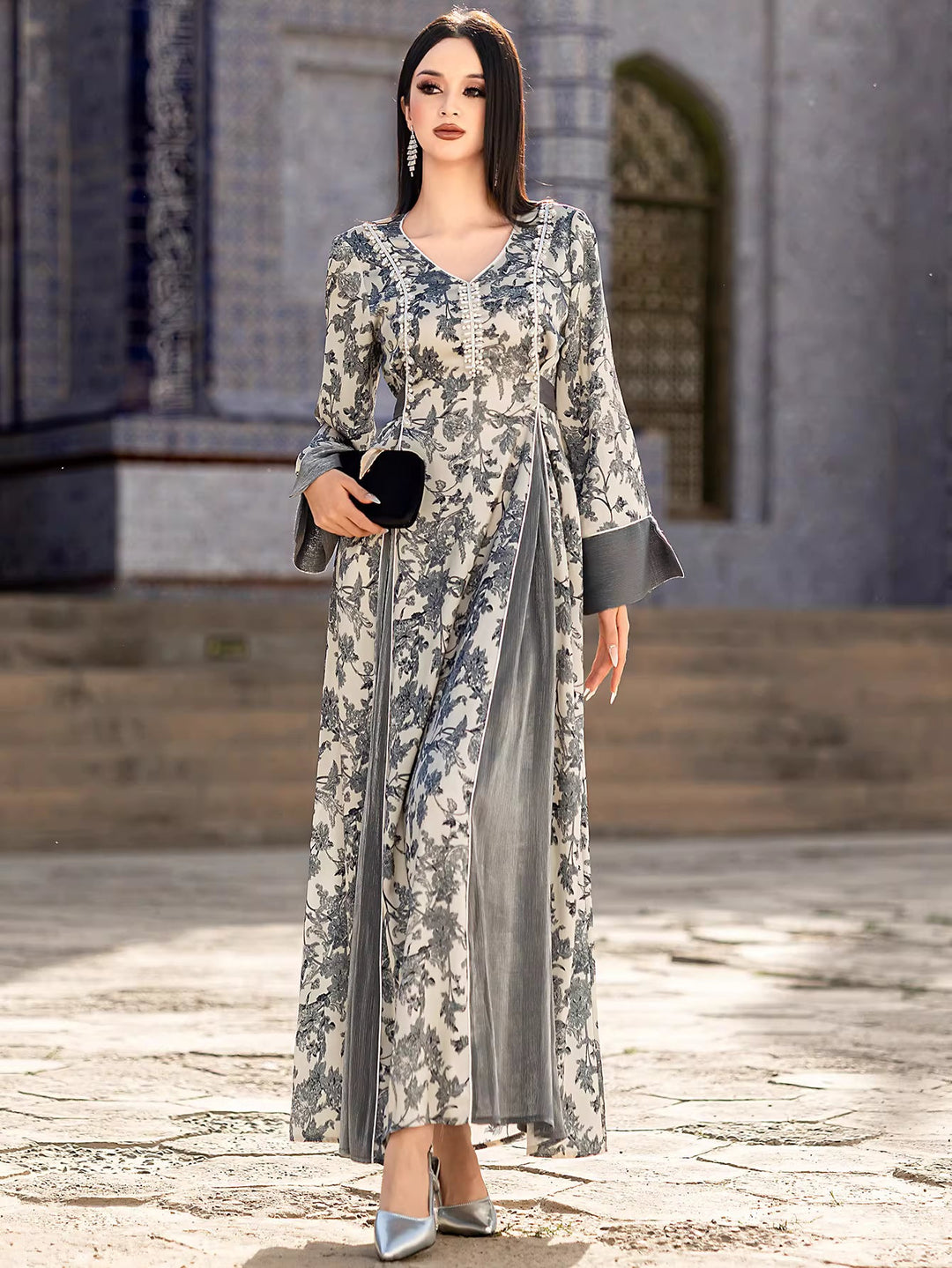 Printed Maxi Dress with Flared Sleeves and V-Neck – AURELLE