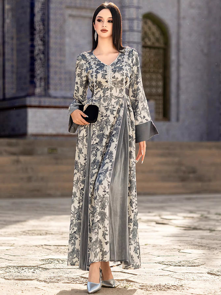 Printed Maxi Dress with Flared Sleeves and V-Neck – AURELLE
