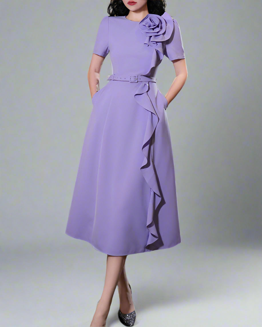 short-sleeve midi dress with 3D floral detail - CELINA